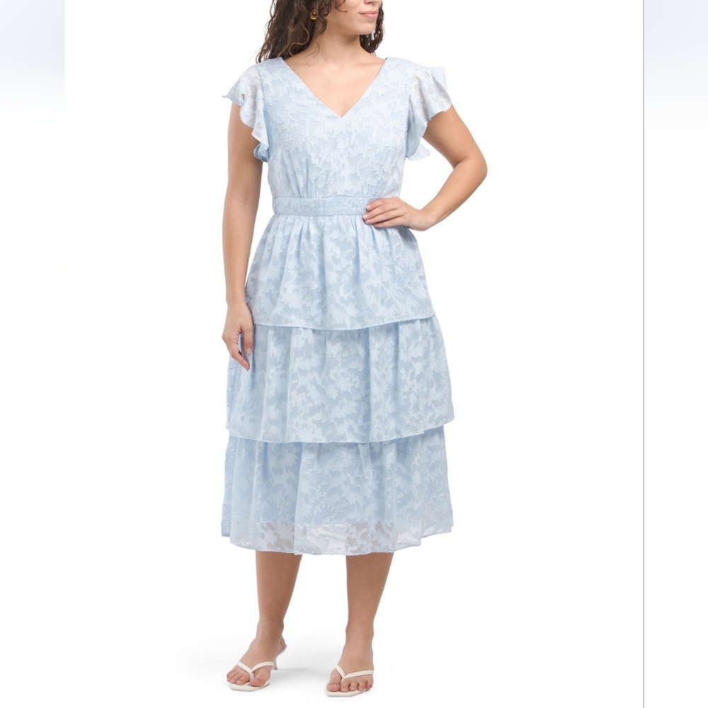 Julia Jordan BlueTexture Flutter Sleeve Tiered Midi Dress